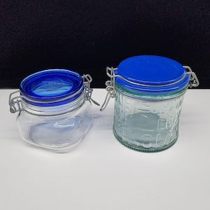 Vintage Fidenza Italy & Ecology Glass Storage Jars With Blue Lids Set Of 2 Locking Hinges