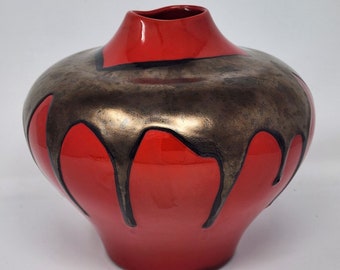 Royal Haeger Vase Red & Drip Glaze Copper Large 1989 8.5" 10" Diameter VTG