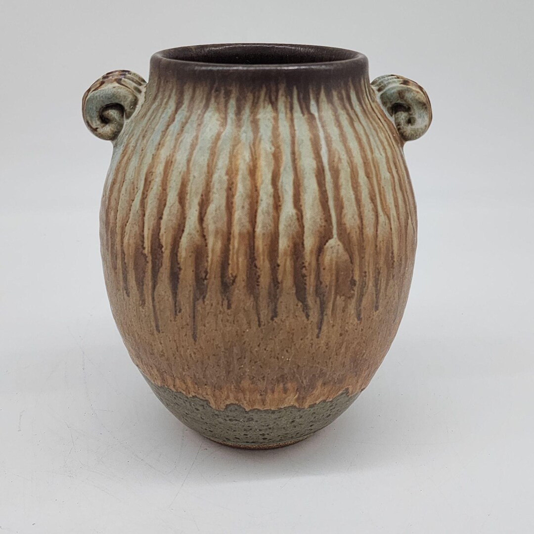 Signed Studio Pottery Vase Vessel With Handles Drip Glaze Tan Brown ...