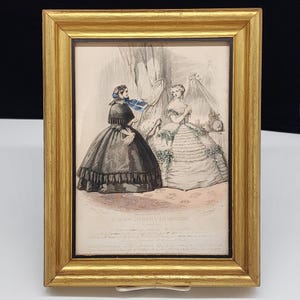 Antique Gilt Wooden Picture Frame With 1800&#39;s Paris Fashion Print 8x10 Belge