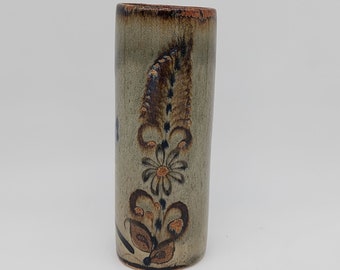 Mexikanische Keramik Zylinder Vase Becher Vogel Feder Blume VTG 18cm