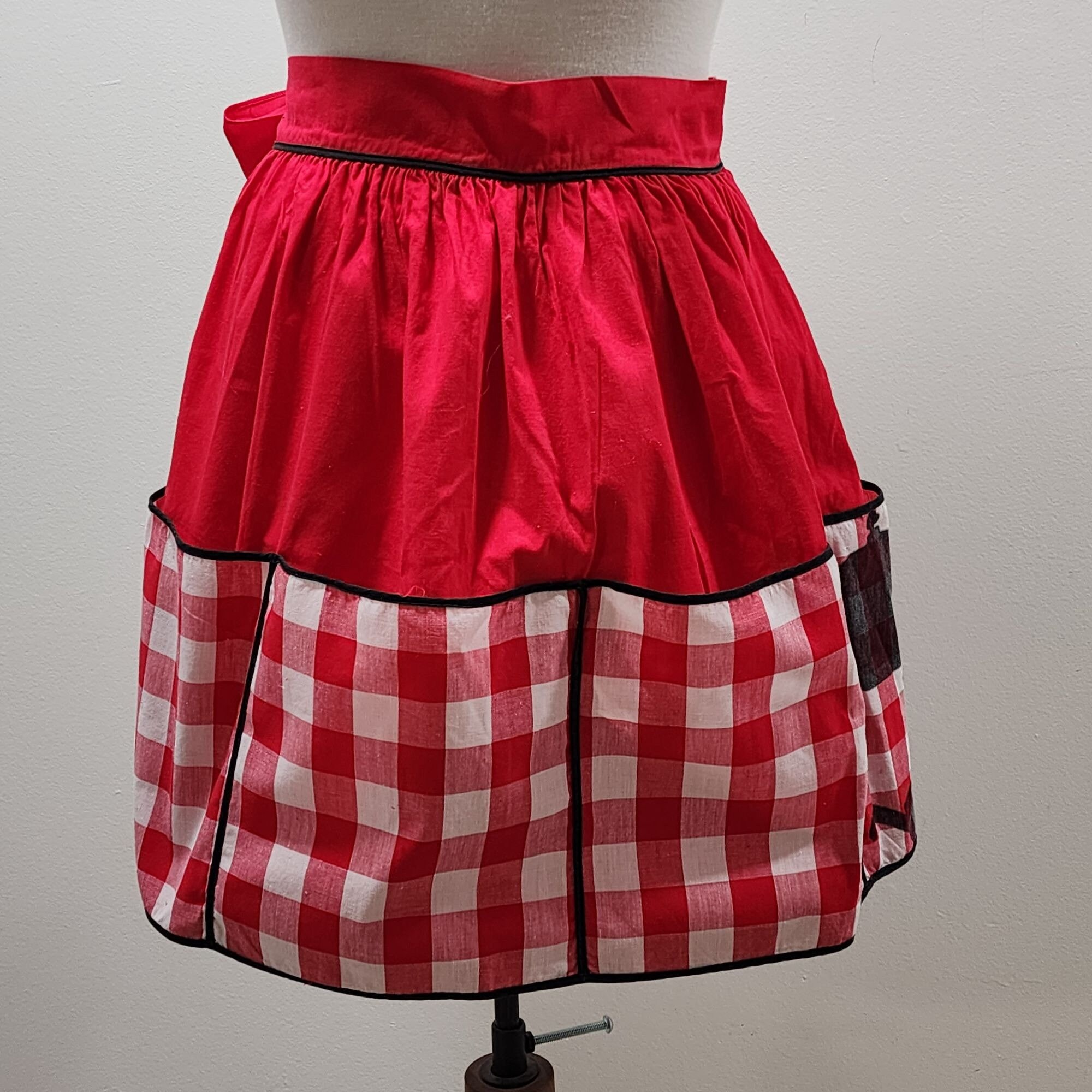 Kay Shannon Apron Red White Check Black Tea Coffee Pot Hand Made Vintage