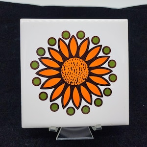 Vintage Ceramic Sunflower Tile By Cherra! 1978 Japan 4.25&quot; Square Orange & Green Retro Decor