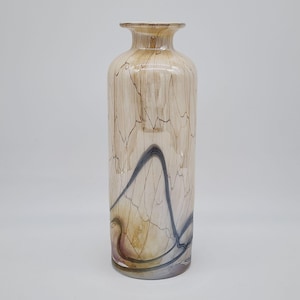 Vintage Marble Effect Cased Glass Vase Luster Applied Threads Cylinder Brown Gray