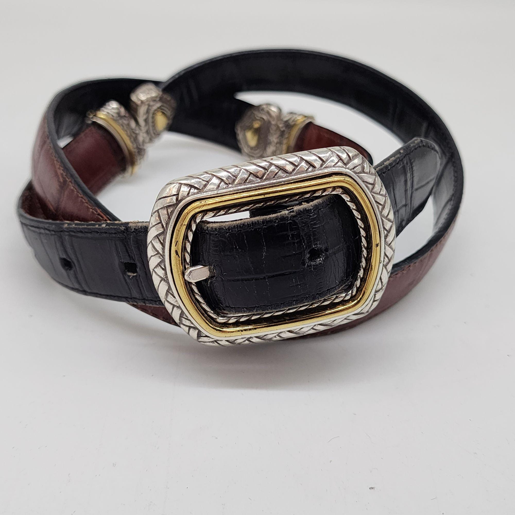 Western Vintage Black and brown Leather Belt with Silver and gold Buckle. 3x1 Silver and Gold Buckle Set Oil-Tanned Genuine Leather  main image 2