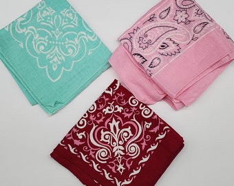 3 Bandanas Rosa Blau und Maroon Bandana Schal 100 % Baumwolle Vintage 20" Quadrat