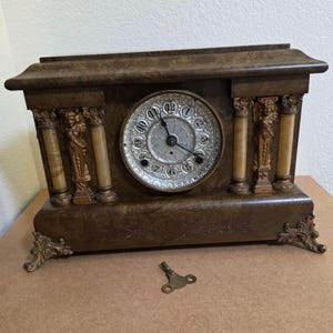 Antique Seth Thomas Adamantine Mantel Clock With Key & Ornate Columns