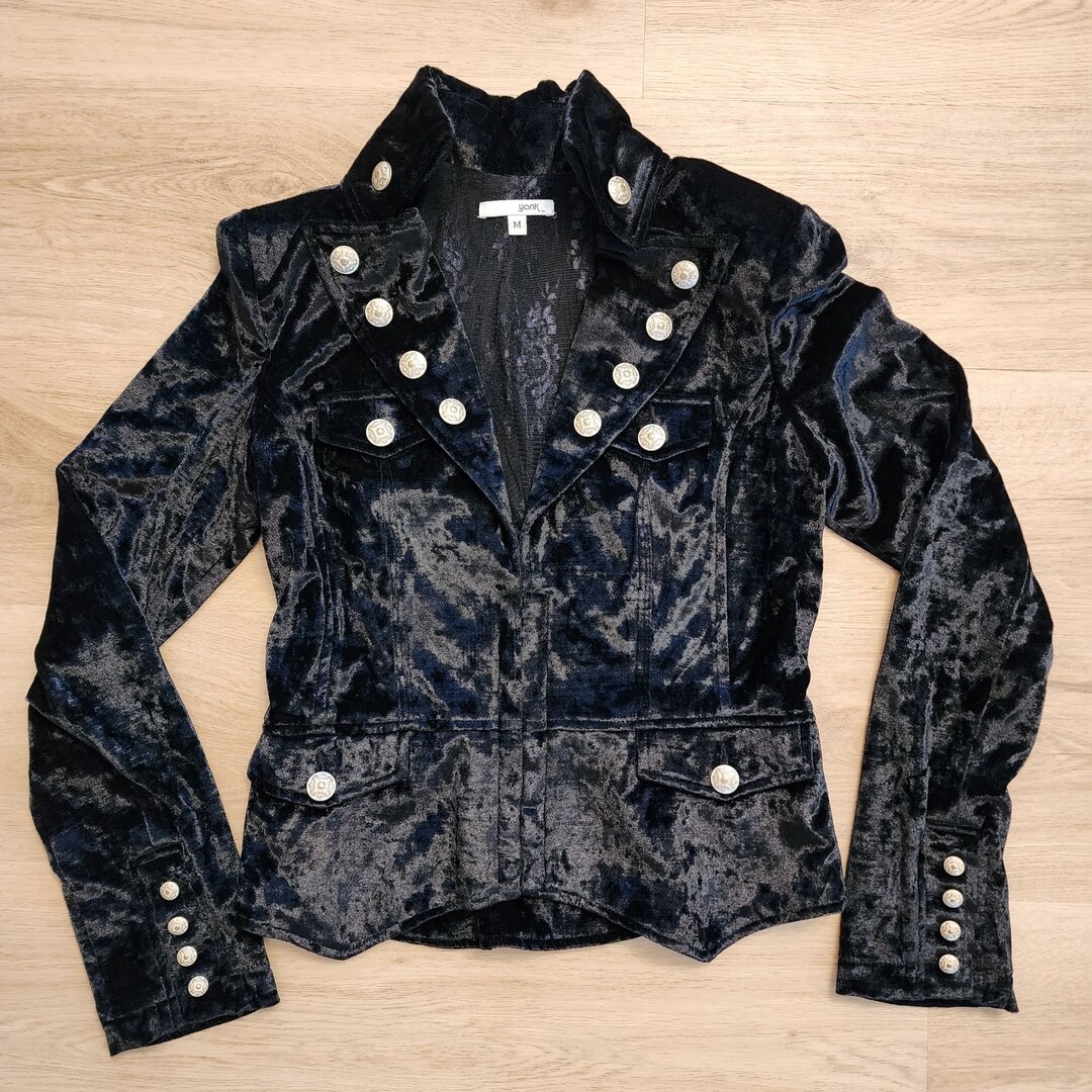 Crushed Velvet Military Style Jacket With Lace Lining Hooks Metal