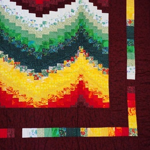 Handgefertigter Bargello Quilt Rot Gelb Grün Kastanienbraun 62 x 64 VTG Bild 6