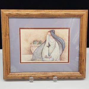 Oprawiony wydruk artystyczny G.E. Mullana przedstawiający kobietę z Południowego Zachodu w ceramicznej ramie dębowej, 10,5 x 9,5 cala