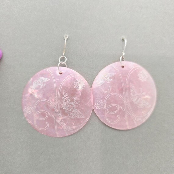 Round Pink Shell Earrings With Butterfly & Floral Engraving Design 2.5"