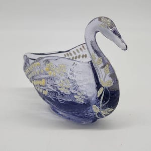 Fenton Periwinkle Art Glass Swan Figurine Trinket Dish with White Floral Painting
