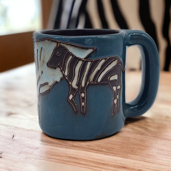 Mexican Pottery Zebra Tree Mug Signed Mara Stoneware heavy 4.5" Tall VTG