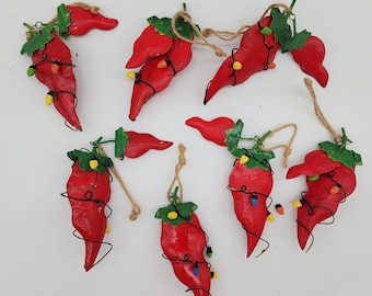 Metall Chilischoten mit Weihnachtslichter Lot von 7 VTG 5 "