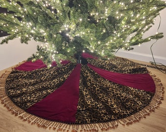 Velvet and Animal Print Christmas Tree Skirt Red Burgundy Beaded Fringe Vintage