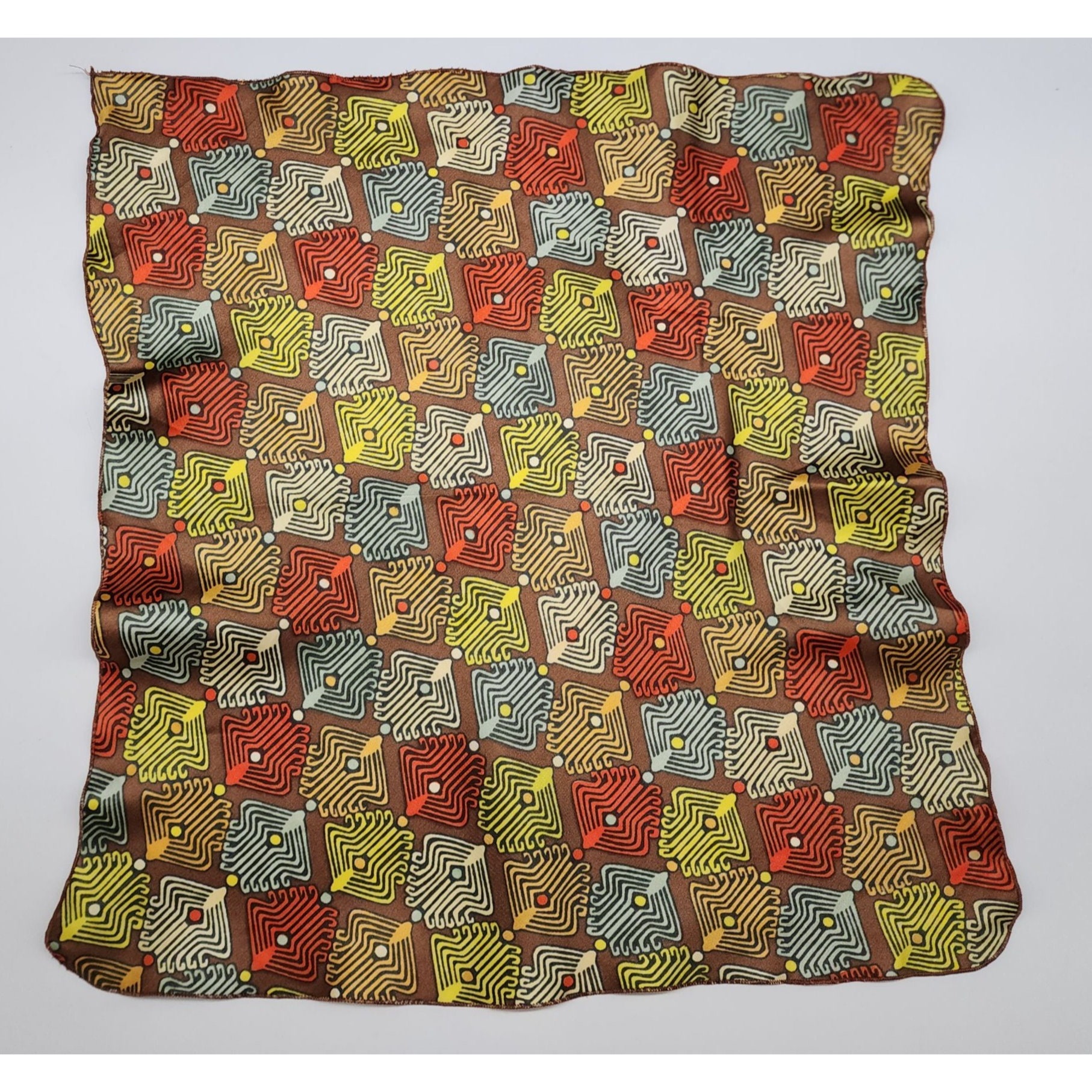1960 Groovy Design Neck Hair Scarf Geometric Yellow Brown Orange VTG 19"