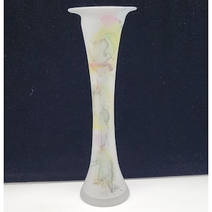 Romanian Frosted Art Glass Vase Hand Painted Watercolor 12.5&quot;