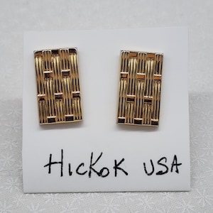 Vintage Hickok USA Gold-Tone Rectangular Woven Design Cufflinks