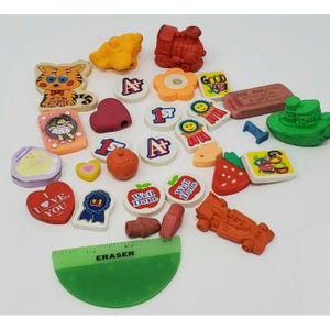 Vintage Assorted Erasers Lot Novelty Car Fruit Boat Cat Fun Shapes & Designs