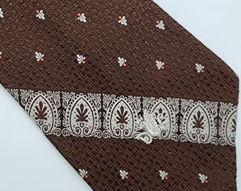 Don Loper cravate rayée floral marron blanc 4,5 po. L 56 po. LVTG rétro années 1970