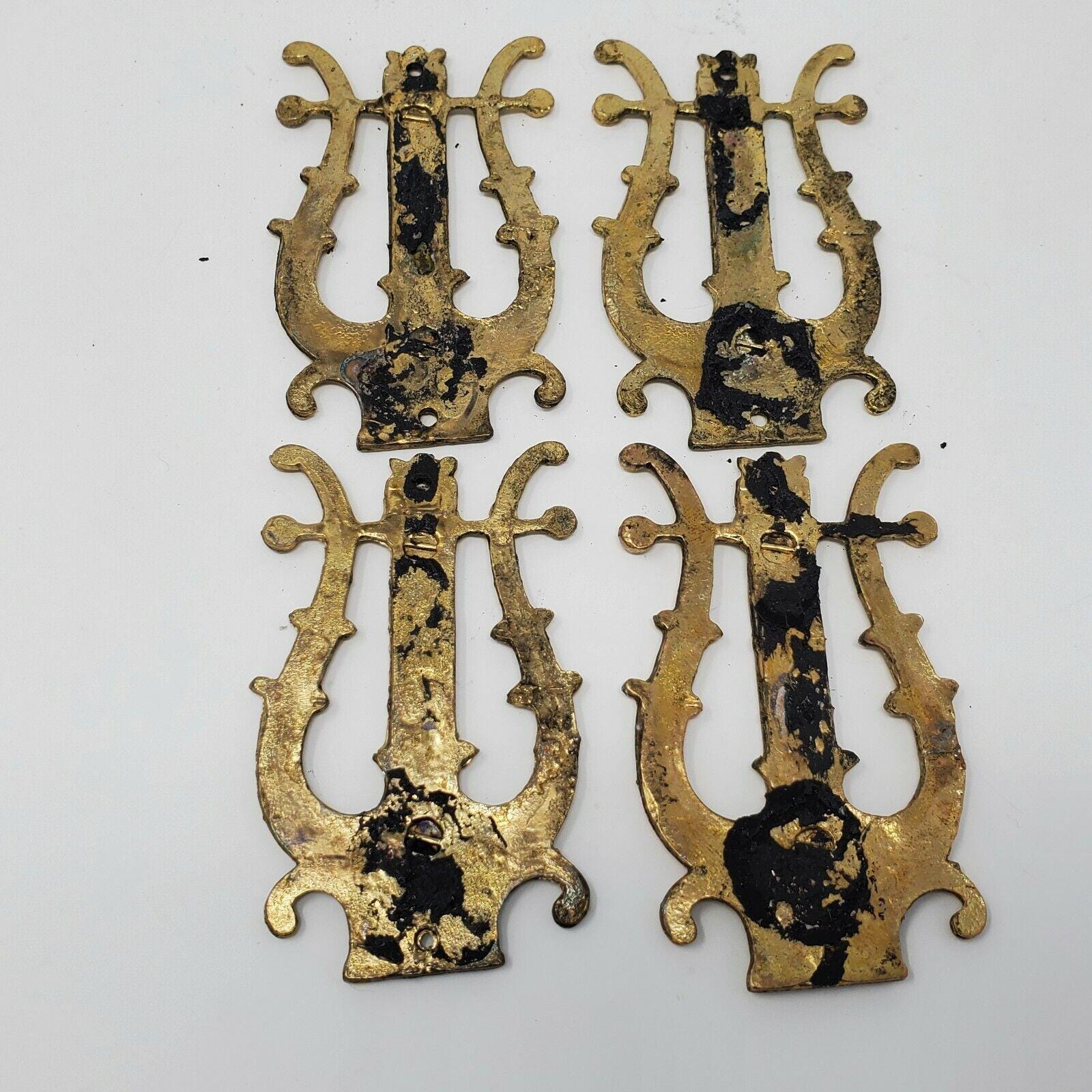 Set of 4 Vintage Brass Lyre Decorative Ornaments for