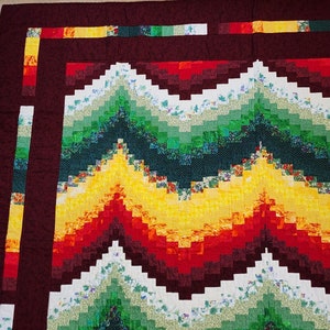 Handgefertigter Bargello Quilt Rot Gelb Grün Kastanienbraun 62 x 64 VTG Bild 10