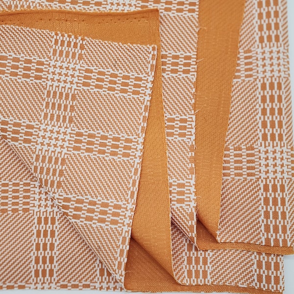 1960s 70s Double Knit Polyester Fabric Geometric Check Orange White 61" W 47" MOD