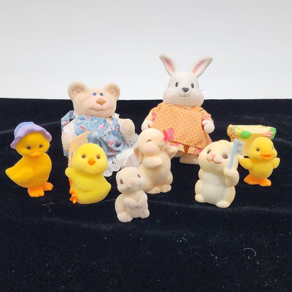 Flocked Easter Bunny Bear Chick Duckling Figures Lot of 8 Hallmark Fuskins