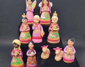 Figurines de la crèche en poterie mexicaine, art populaire en argile, 10 pièces UV Glow vintage