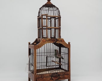 Antique French Wooden Bird Cage With Wooden Bird Hand Blown Glass Water Bottle