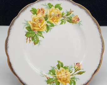Royal Albert Bone China Tea Rose Dessert Plate With Yellow Flowers & Gold Trim