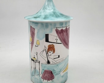 MCM Ceramica Di Milano Italy Hand-Painted Porcelain Canister Retro Bath Scene