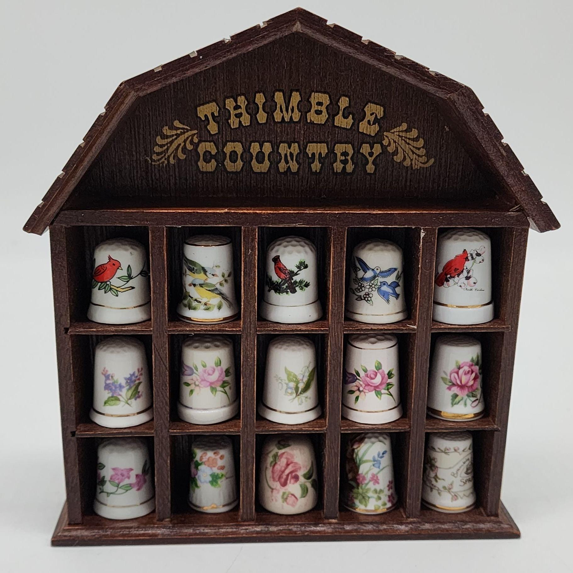 Thimbles and Thimble Cases　指ぬきと指ぬきケース Thimble Display Case With Thimbles X 2 Wooden Brown Well