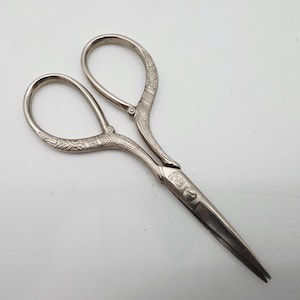 Antique German Silver Embossed Sewing Scissors Palm Trees Logo 3.75"