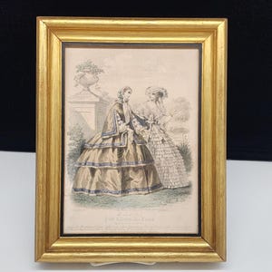 Antique Gilt Wooden Picture Frame With 1800&#39;s Paris Fashion Print 8x10