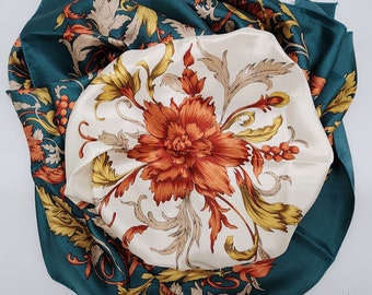 Isadora Amour Floral Scarf Green Orange 34" Square Silk Vintage