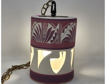 Aardewerk hanglamp plafond hangend ondertekend R Silas Navajo wit roze ketting 8,25" VTG