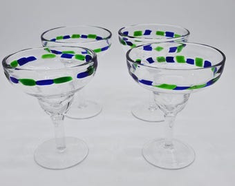 Pier 1 handgeblazen Margarita-bril blauw en groen gesmolten glas set van 4"