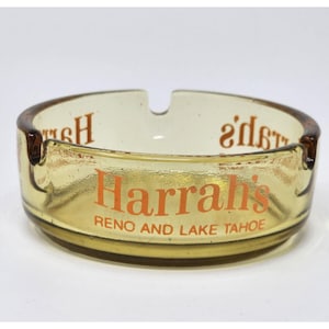 Vintage Harrahs Reno & Lake Tahoe Glass Ashtray Retro Gold Tint Casino Memorabilia