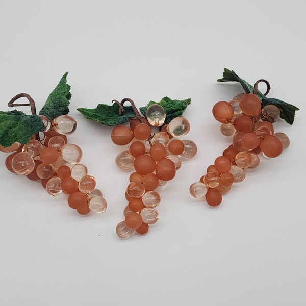 Lucite Orange Grapes With Velveteen Leaves Wire Strung Vintage Clear and Frosted