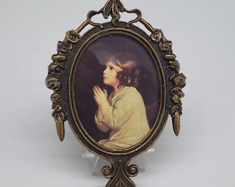 イタリア製　真鍮製フレーム ヴィンテージ イタリア製 真鍮製 装飾楕円形フレーム 祈る子供の