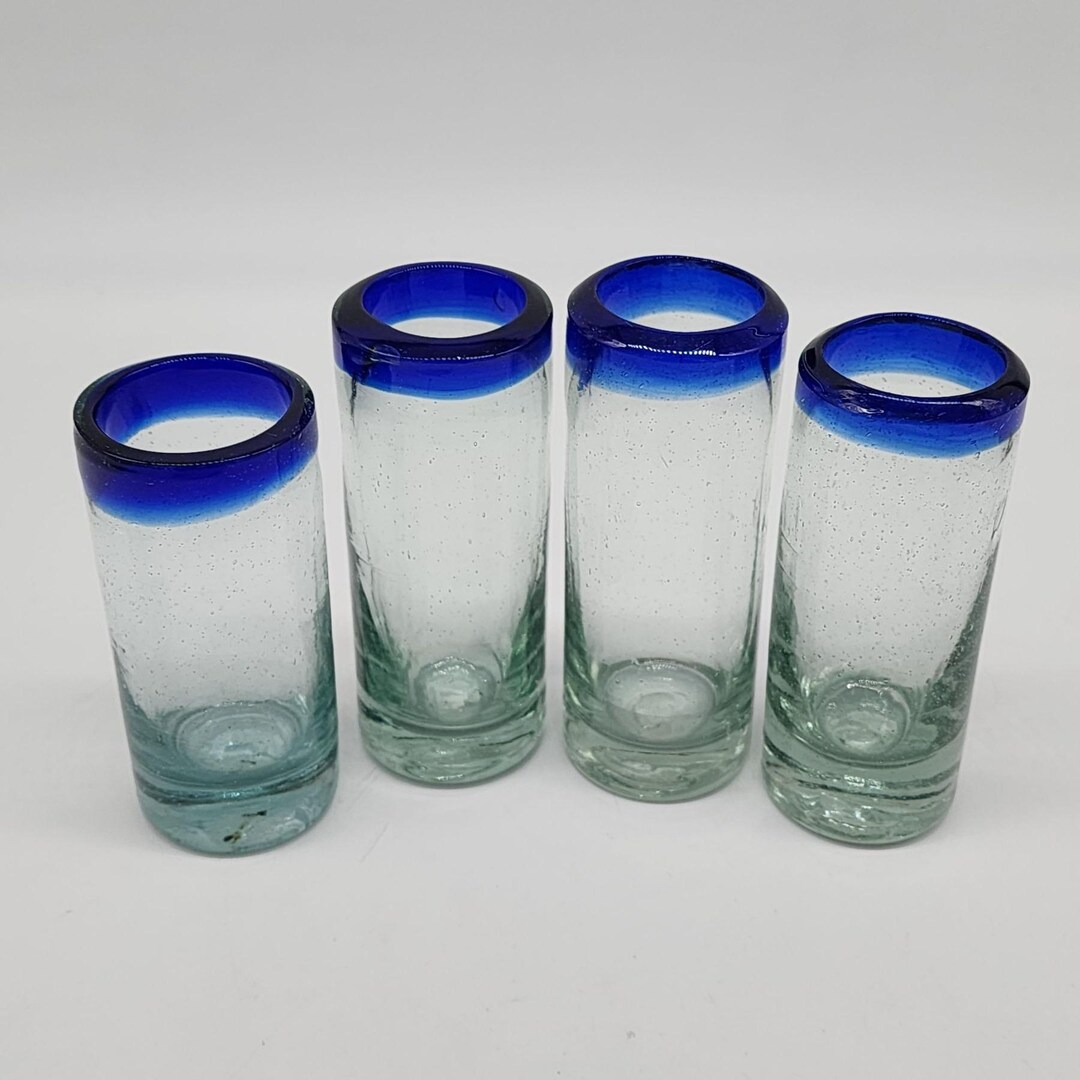 Mexican Hand Blown Blue Rim Glass Shot Glasses Mismatched Vintage - Etsy