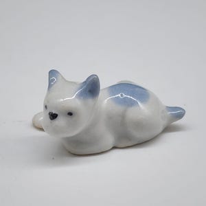 Small Ceramic White & Blue Dog Figurine Hand Painted Made In Japan