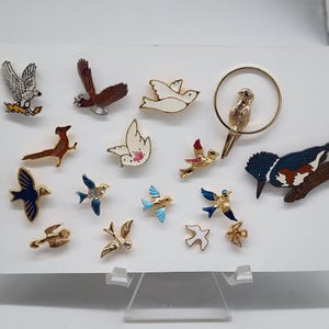 Vintage Bird Themed Enamel & Gold-Tone Brooch Pin Collection Lot of 16