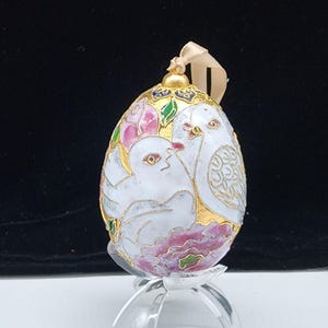 Hand-Painted Cloisonné Egg Shaped Ornament Doves & Flowers 4&quot;