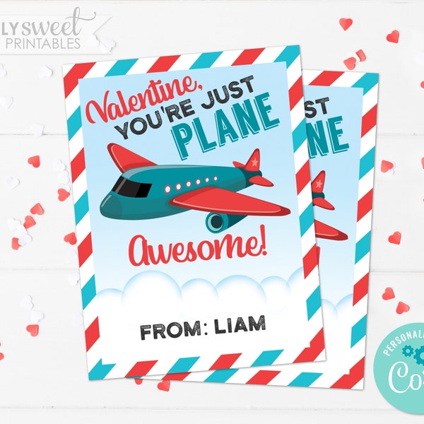 Editable Airplane Valentine Card Personalized Plane Valentine's Day Card Kids Child Aviation Printable Corjl V0021 (Pdf / Jpg file only)