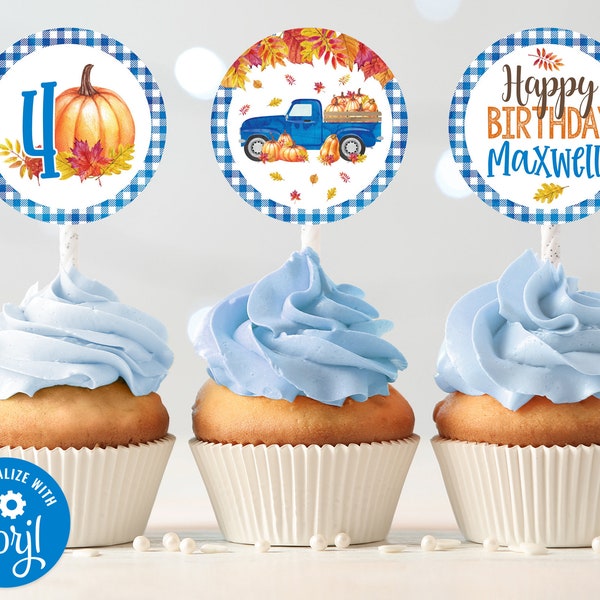 Editable Pumpkin Truck Cupcake Toppers, Blue Truck Pumpkin Birthday Printable Cupcake Toppers Corjl S0154 (Pdf / Jpg file only)