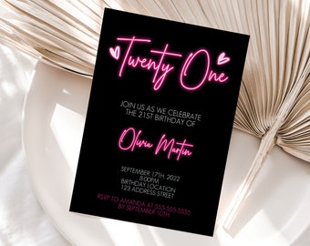 Editable 21st Birthday Neon Light Invitation, twenty one party invite, adult neon text birthday invite Corjl S2-10 (Pdf / Jpg file only)