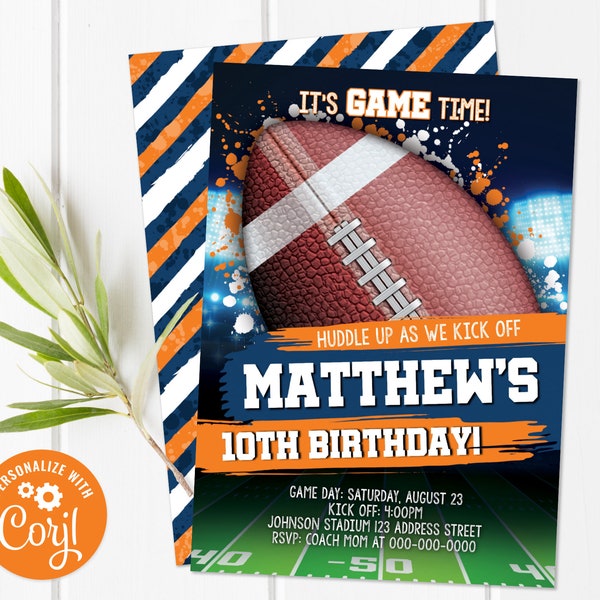 Editable Football Birthday Invitation, Football Navy Orange Invitation, Football Invite, Football Party Corjl S0186 (Pdf / Jpg file only)