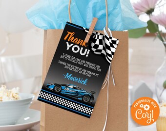 Editable Race Car Birthday Thank You Card, Race Car Thank You, Race Car Personalized Party Favor S0146 Corjl (Pdf / Jpg file only)